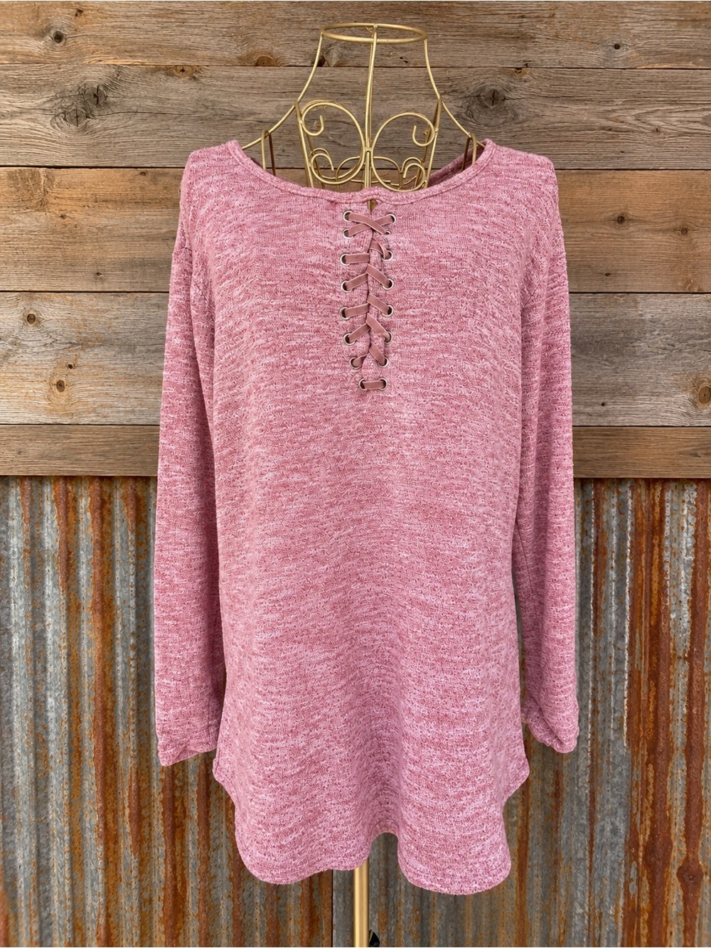 Democracy Dusty Rose Lace-Up Long Sleeve Knit Top Size Large
